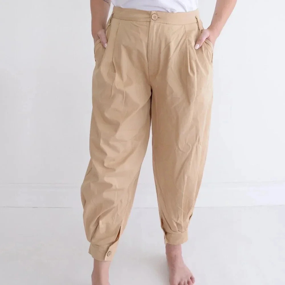 Free People Beige 100% Cotton Balloon Palazzo Baggy Pleated Crop Pants 6